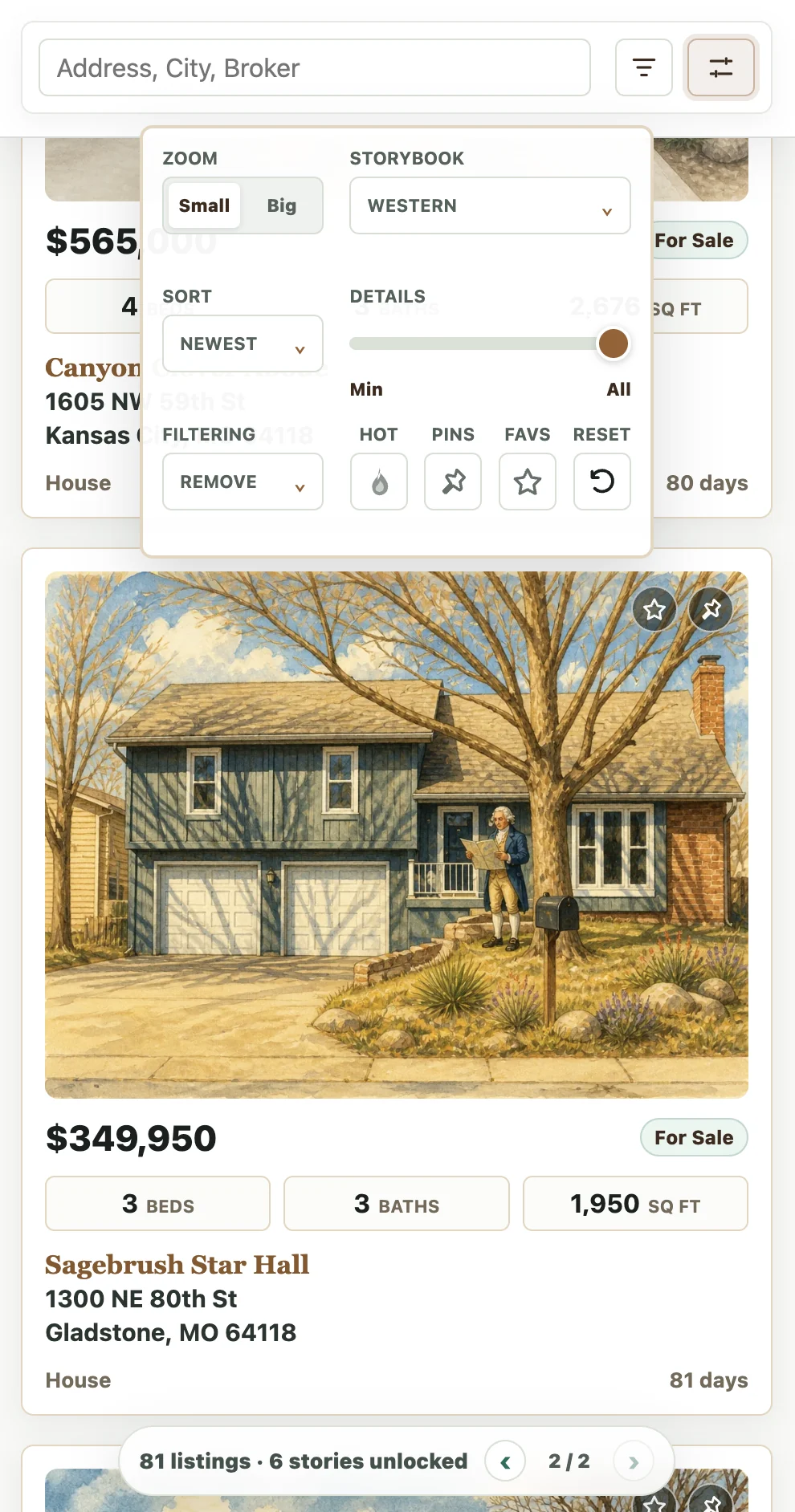 Property search preview with filters and listing card