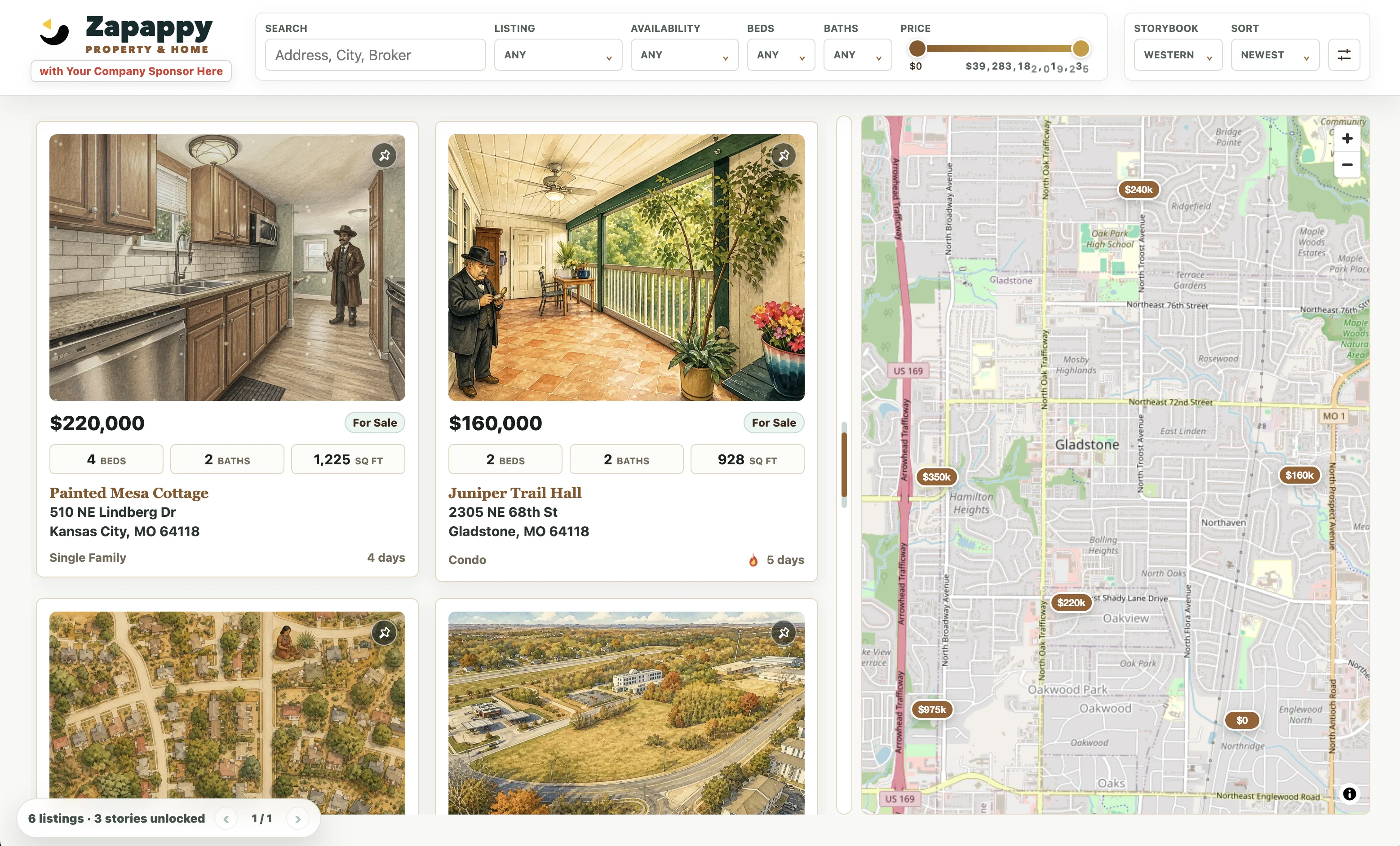 Property listings map and storybook search preview