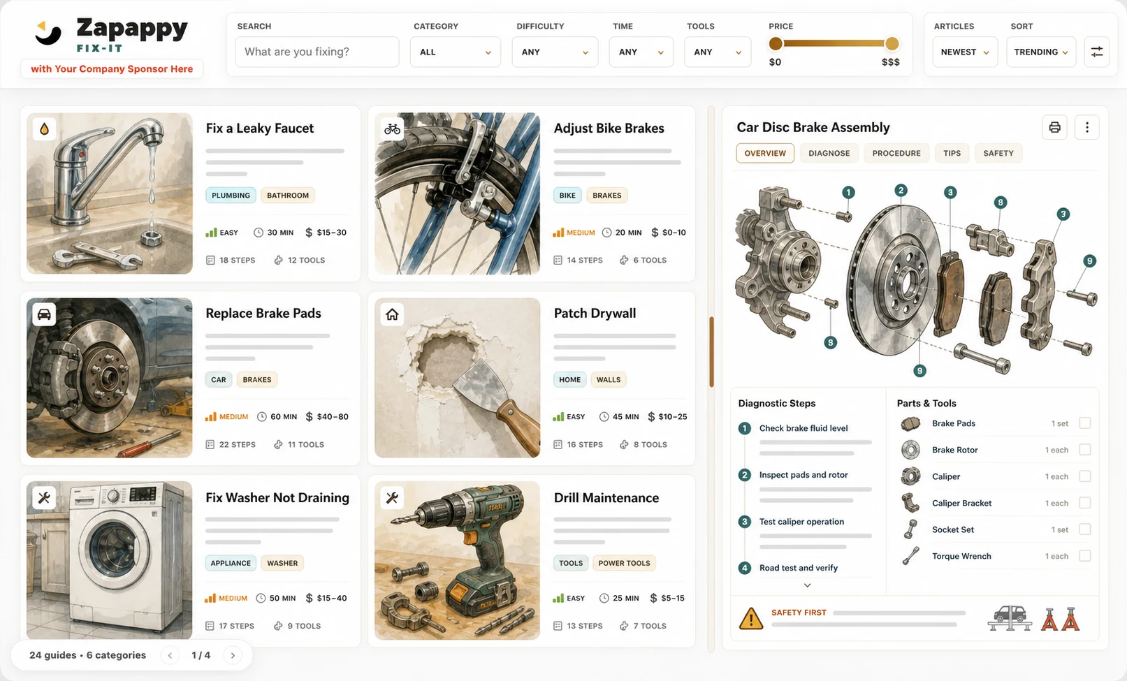Zapappy Fix-It repair guides for home car bike appliance and tool projects interface