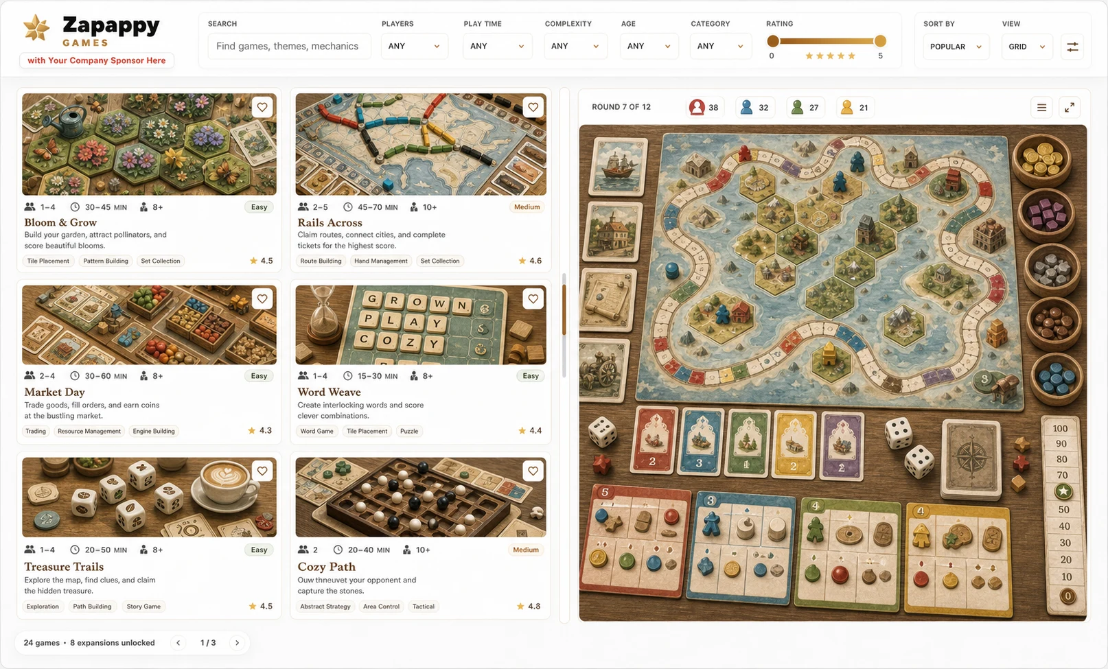 Zapappy Games tactile tabletop game cards tiles routes dice and strategy board interface
