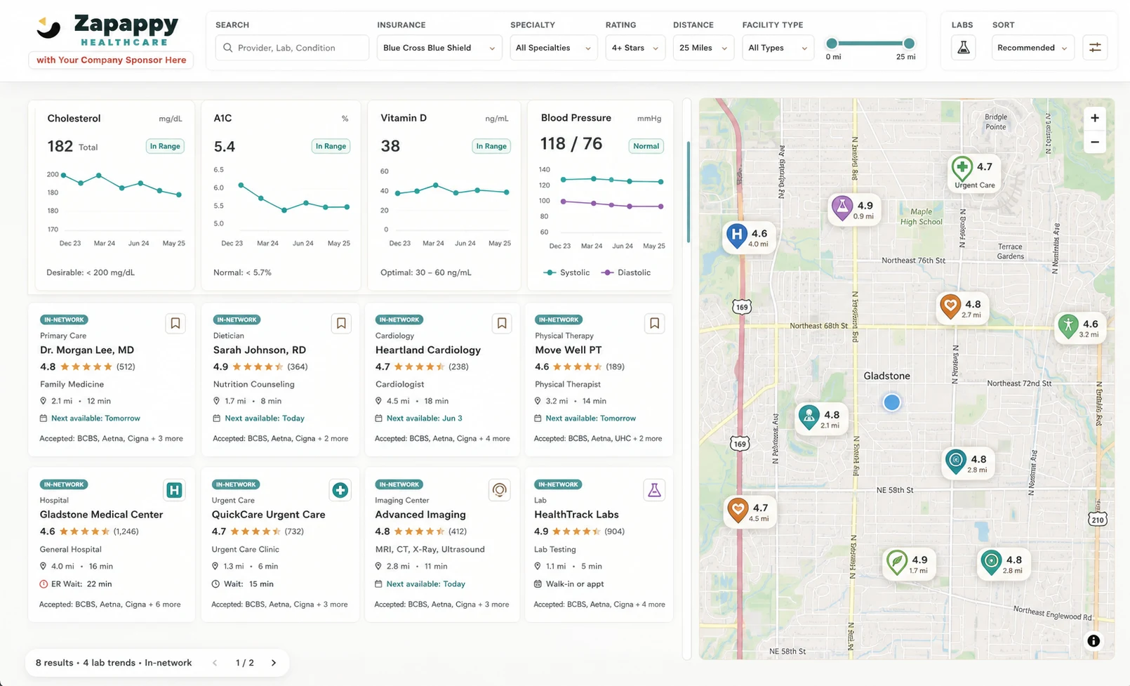 Zapappy Healthcare lab tracking provider search insurance filters and facility ratings interface
