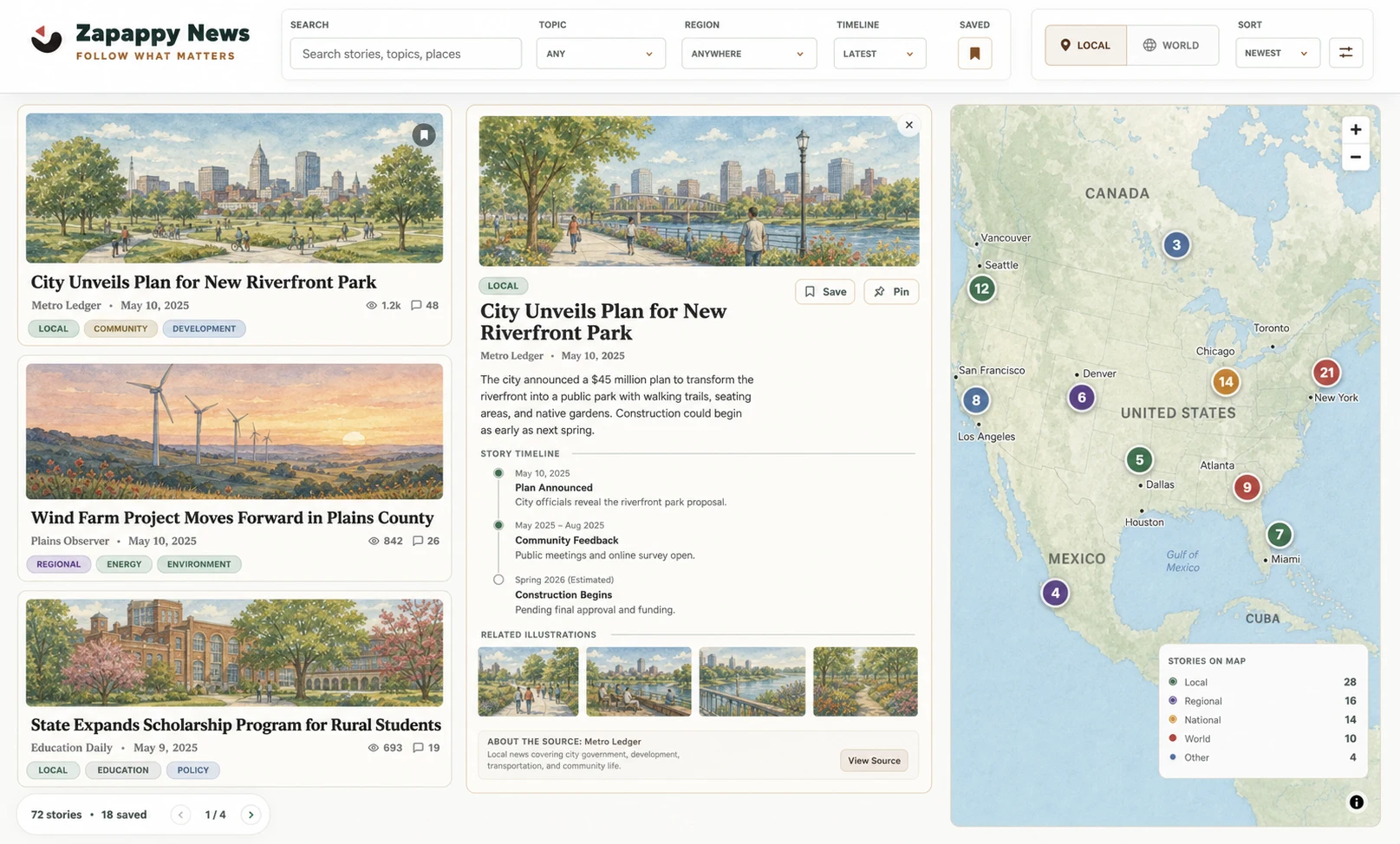 Zapappy News article cards detail drawer and story map interface